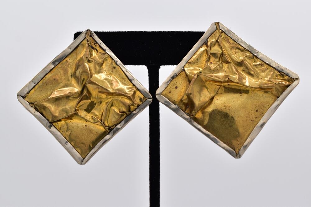Vintage Statement Glitter Brass Silver Two-Tone Crinkle Metal Chunky 1970s BinAI